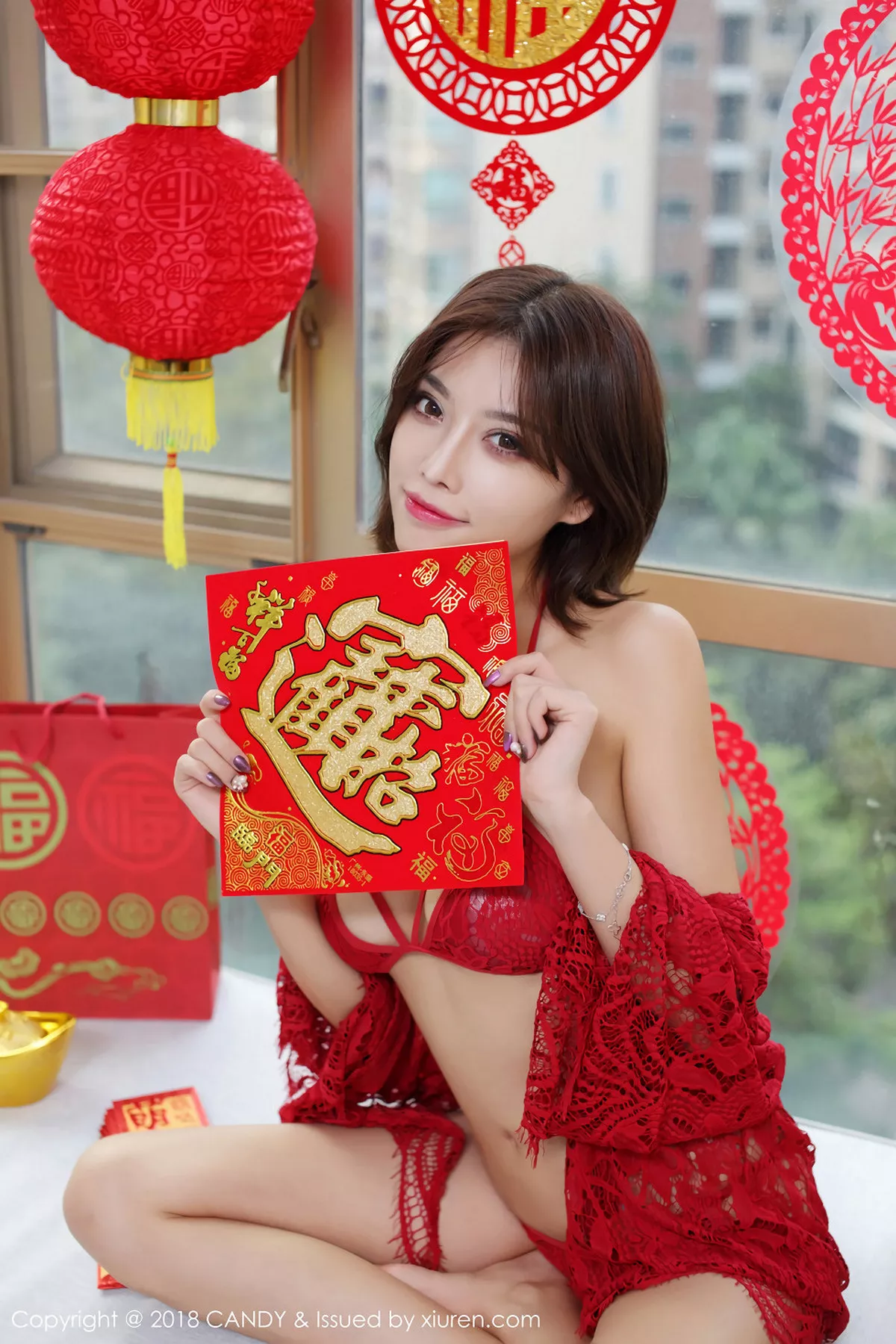 秀人集.com_[Candy糖果画报]Vol.053_嫩模杨晨晨sugar新春福利红色内衣秀完美身材性感写真49P